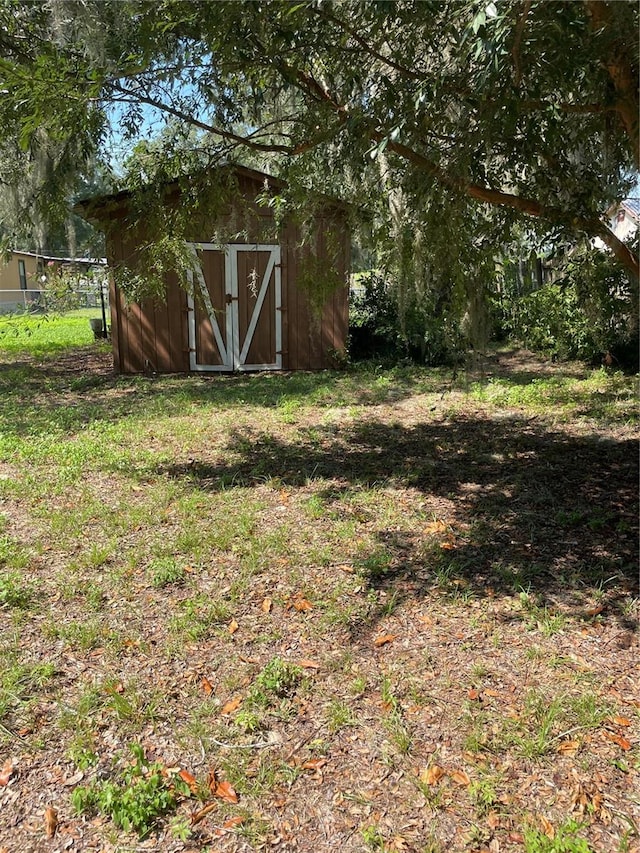 view of yard featuring a storage unit