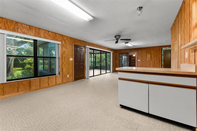 kitchen with a textured ceiling, wood walls, and ceiling fan