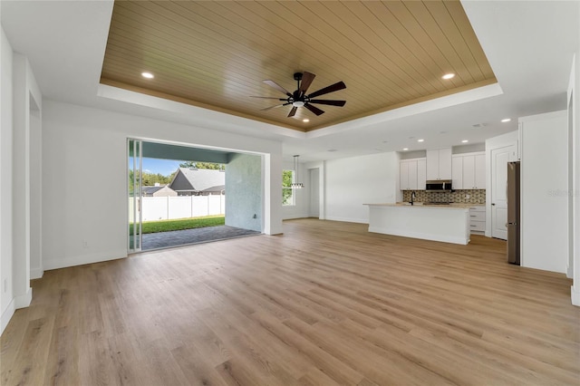 unfurnished living room featuring wood ceiling, a raised ceiling, and light hardwood / wood-style flooring