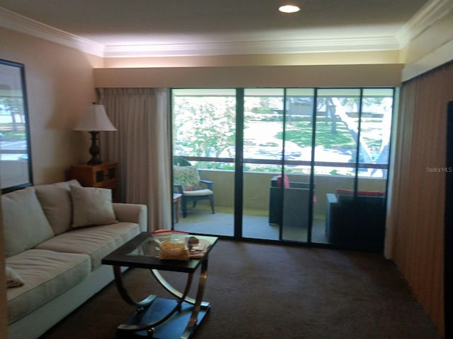 living area featuring carpet floors and crown molding