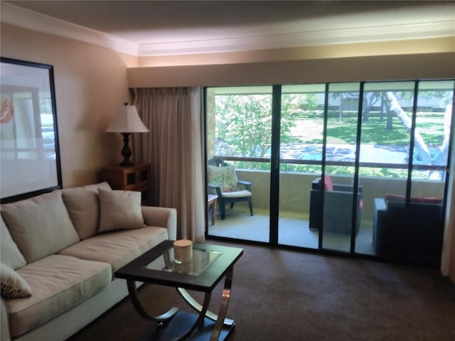 living room with crown molding and carpet floors