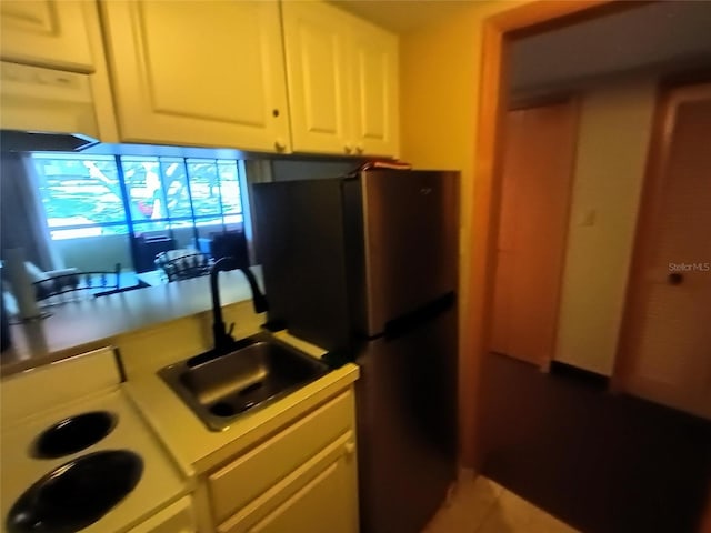 kitchen with black refrigerator and sink