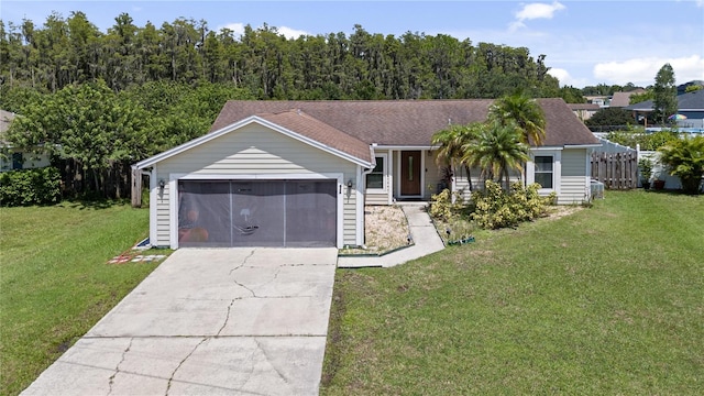 ranch-style home featuring covered porch and a front yard