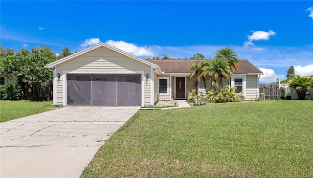 ranch-style home with a garage and a front lawn