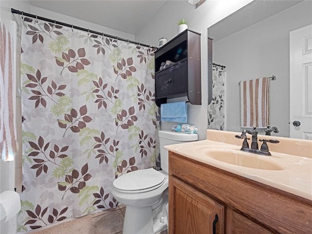 bathroom with vanity, toilet, and a shower with shower curtain