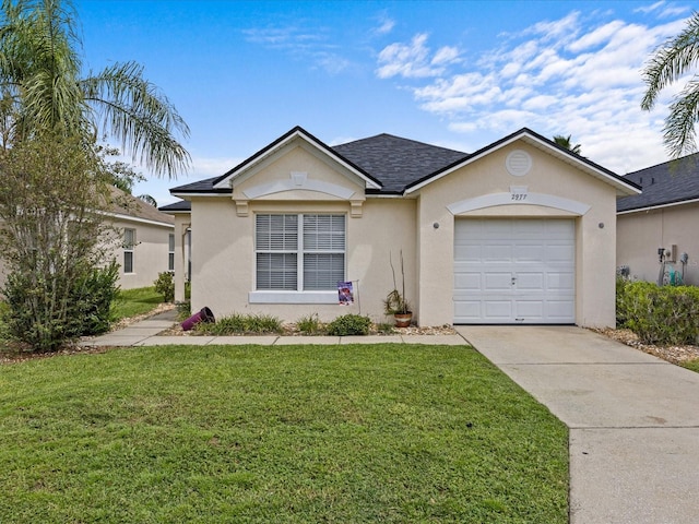 single story home featuring a garage and a front yard