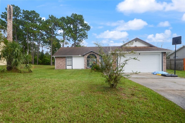 ranch-style home featuring a garage and a front lawn