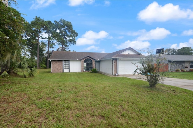 single story home featuring a front lawn, concrete driveway, brick siding, and an attached garage