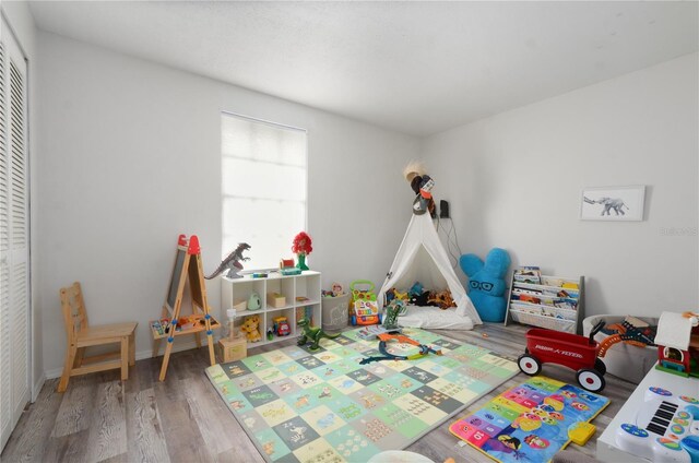 rec room with hardwood / wood-style flooring