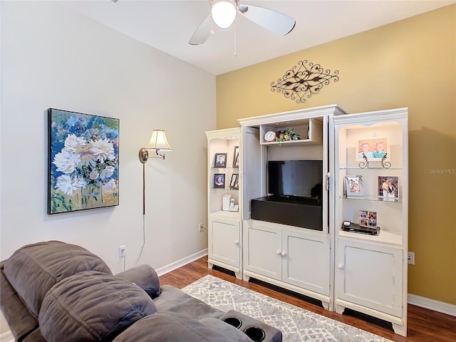 living room with ceiling fan and wood-type flooring