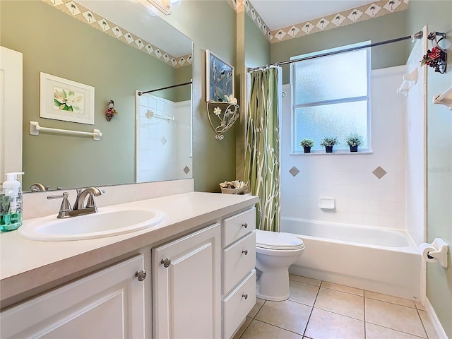 full bathroom featuring tile patterned flooring, toilet, shower / tub combo with curtain, and vanity