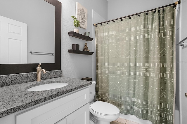 full bathroom with vanity, toilet, shower / bath combination with curtain, and tile patterned flooring