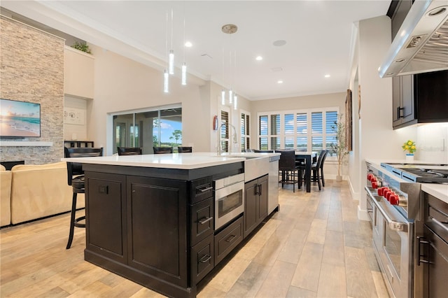 kitchen with a breakfast bar, dark cabinetry, ventilation hood, light wood-type flooring, and double oven range