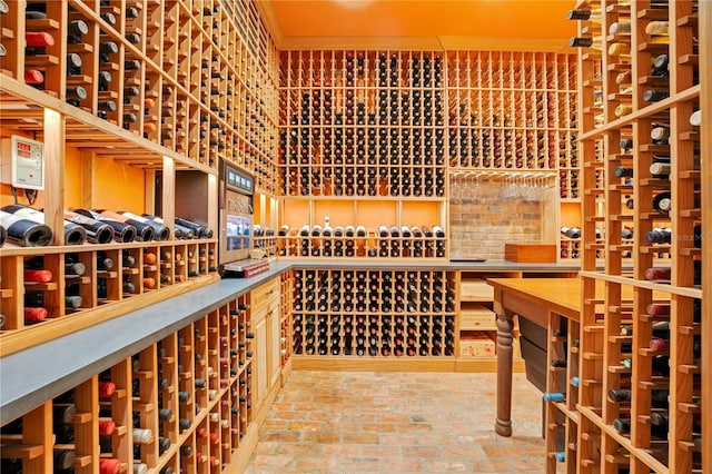 wine cellar featuring brick floor