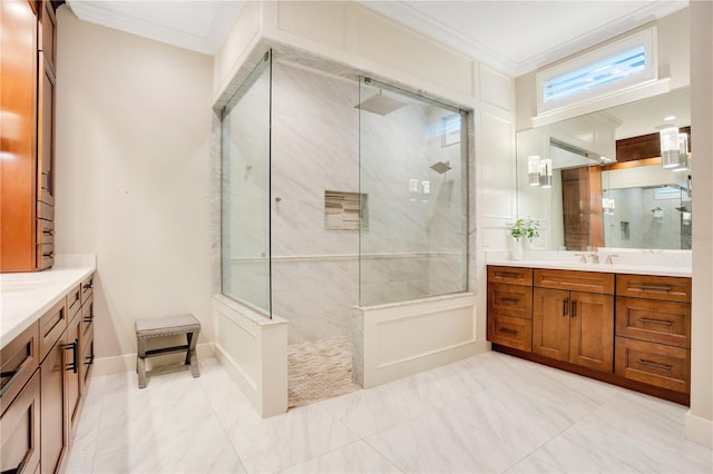 full bathroom with a walk in shower, baseboards, vanity, and crown molding