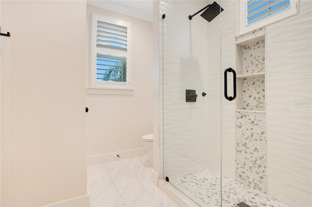 full bathroom with toilet, marble finish floor, a shower stall, and baseboards