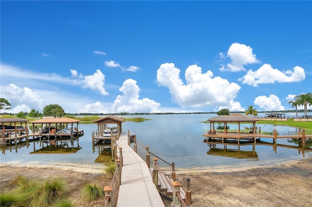 dock area featuring a water view and a gazebo