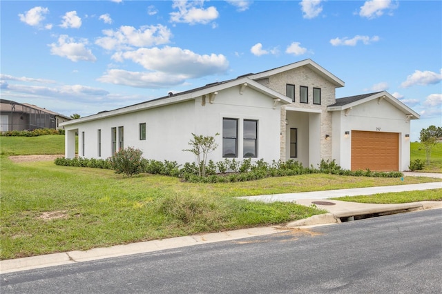 197 Valencia Ridge Dr, Auburndale, FL 33823 - view of front of house with a garage, a front yard, stucco siding, brick siding, and driveway