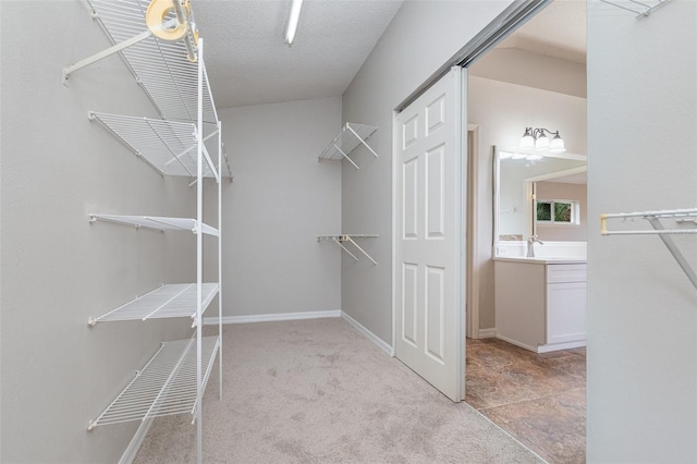 spacious closet featuring light colored carpet and sink