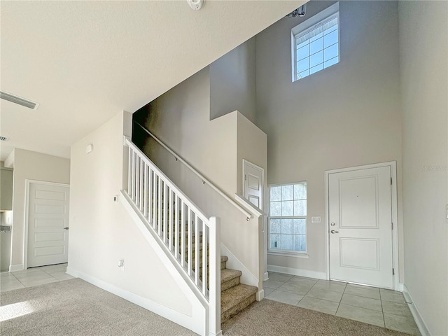 interior space with carpet and a high ceiling