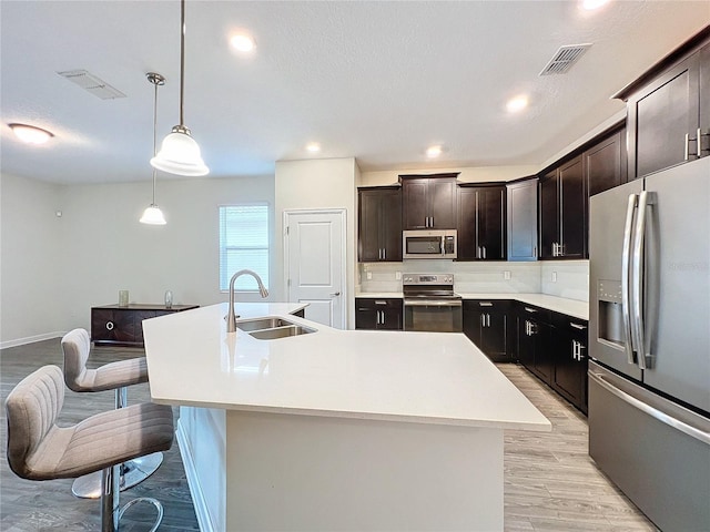 kitchen with pendant lighting, stainless steel appliances, a center island with sink, and sink