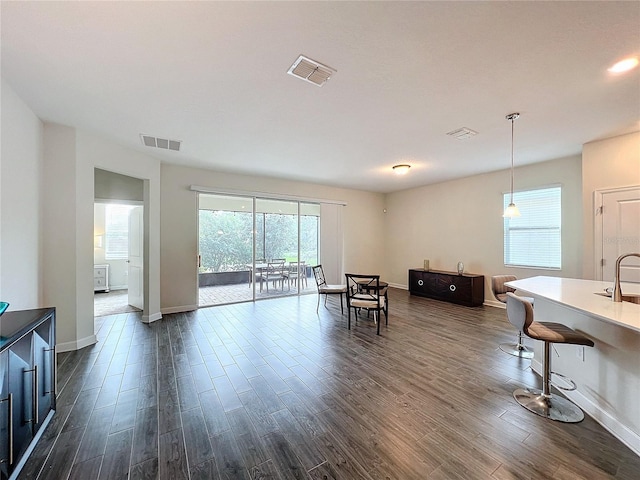 living area featuring dark hardwood / wood-style floors and sink