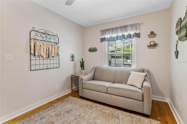 living room with hardwood / wood-style flooring and ceiling fan