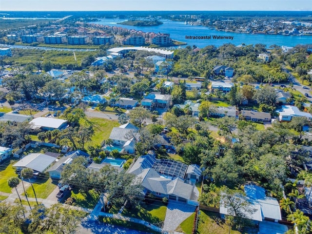 drone / aerial view with a water view