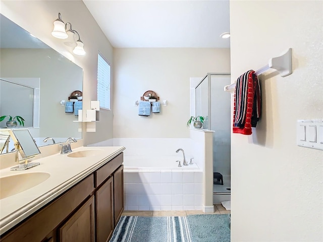 full bathroom featuring tile patterned flooring, toilet, separate shower and tub, and vanity