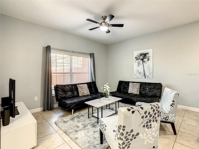 living room featuring light tile patterned flooring and ceiling fan