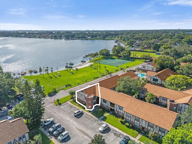 drone / aerial view featuring a water view