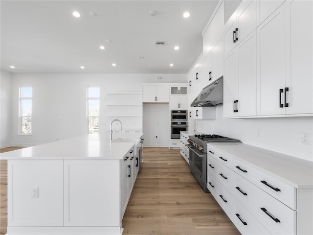 kitchen featuring a center island with sink, sink, light hardwood / wood-style floors, white cabinetry, and stainless steel appliances