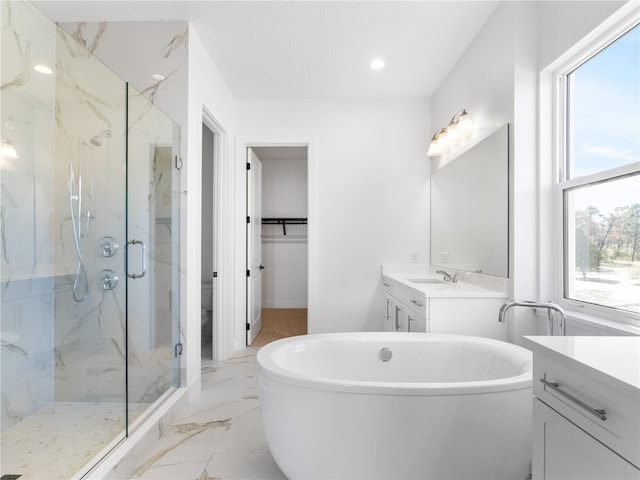 bathroom featuring vanity and shower with separate bathtub