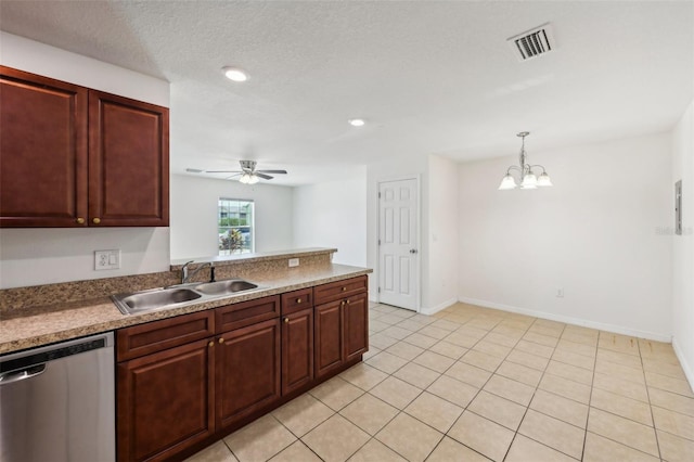 kitchen with a textured ceiling, ceiling fan with notable chandelier, stainless steel dishwasher, hanging light fixtures, and sink