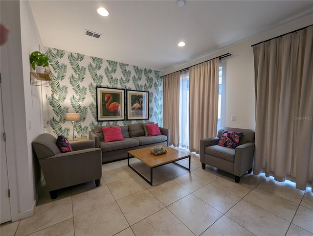 living room featuring light tile patterned floors