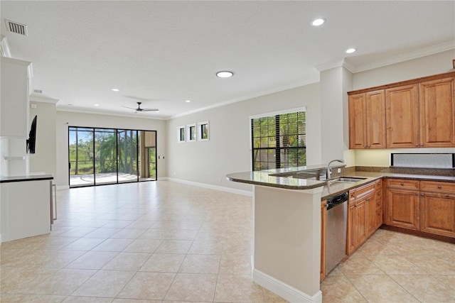 kitchen featuring ceiling fan, sink, kitchen peninsula, dishwasher, and dark stone counters