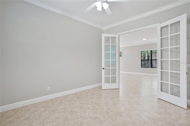 unfurnished room with french doors, crown molding, light tile patterned floors, and ceiling fan