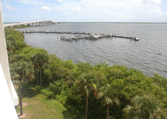 exterior space with a water view