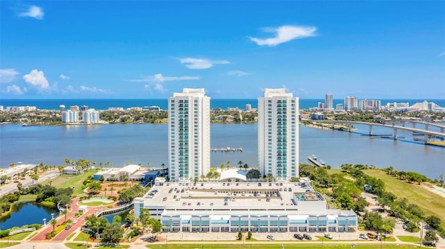 birds eye view of property featuring a water view