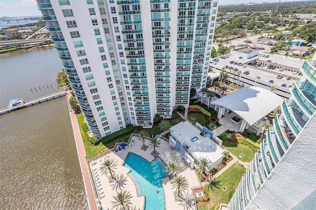 birds eye view of property featuring a water view