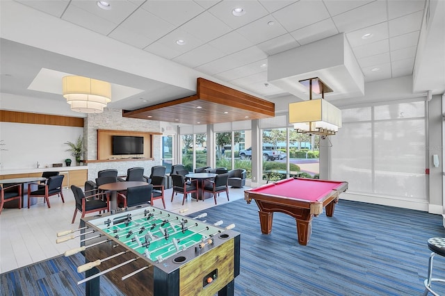 rec room featuring billiards and carpet