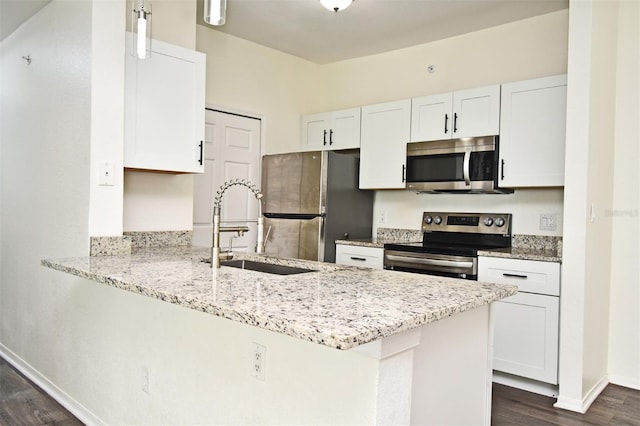 kitchen with white cabinetry, sink, dark wood-type flooring, kitchen peninsula, and appliances with stainless steel finishes