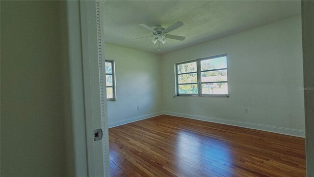 empty room featuring wood-type flooring, a textured ceiling, and ceiling fan