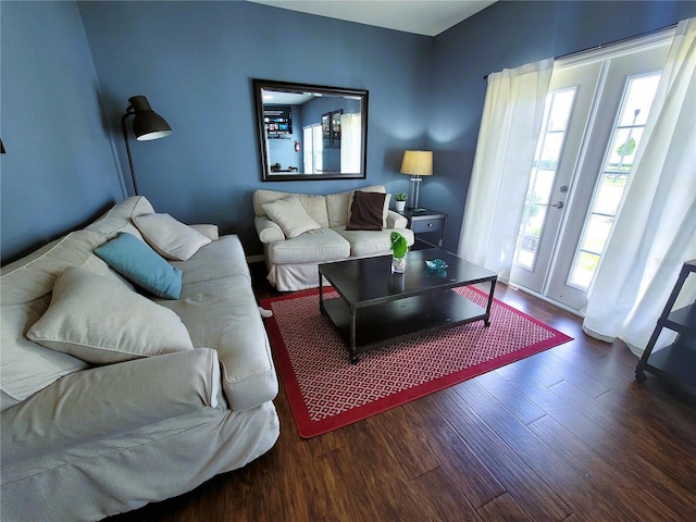 living room featuring wood finished floors and french doors