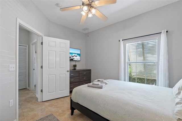 bedroom with a textured ceiling and ceiling fan