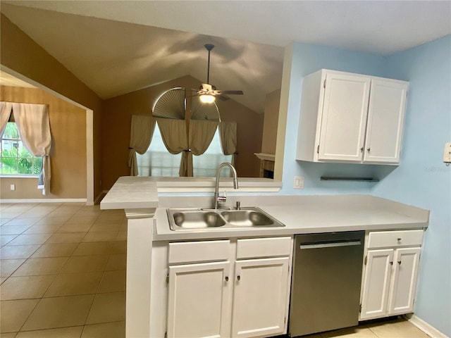 kitchen featuring kitchen peninsula, sink, ceiling fan, vaulted ceiling, and stainless steel dishwasher