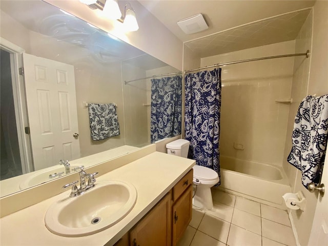 full bathroom featuring tile patterned floors, toilet, shower / tub combo with curtain, and vanity