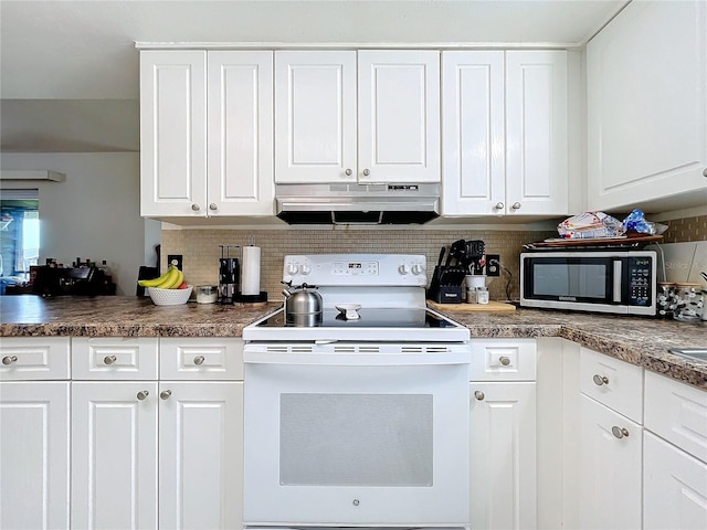 kitchen with white cabinets, backsplash, and electric stove