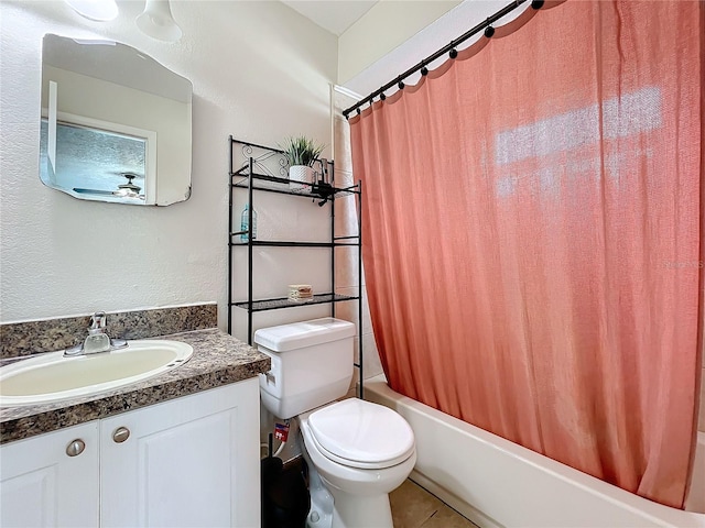 full bathroom with vanity, toilet, tile patterned floors, and shower / bathtub combination with curtain