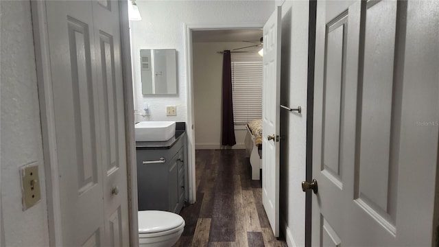 bathroom with vanity, toilet, and hardwood / wood-style floors